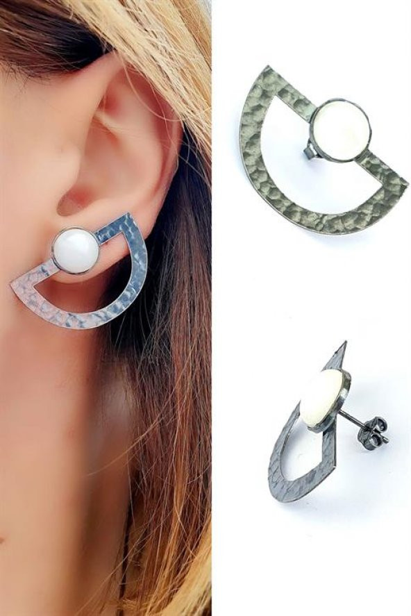 Sedef Taşlı 925Ayar Gümüş Üzerine Siyah Rodajli El İşi Tasarım Küpe ürün görseli