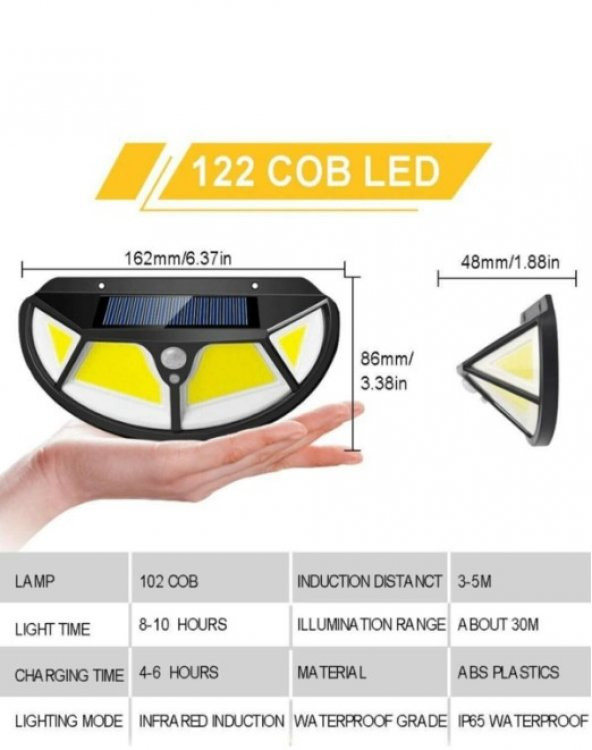 Fonksiyonel Sensörlü 122 Ledli Solar Bahçe Lambası