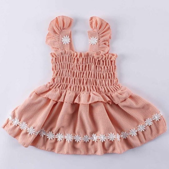 Kız Bebek Somon Gipeli Çiçekli Büzgülü Elbise