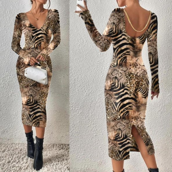 Kadın Uzun Kollu Zebra Ve Leopar Baskılı Sırt Dekolteli Sandy Kumaş Metal Zincir Detaylı Yırtmaçlı Midi Boy Elbise