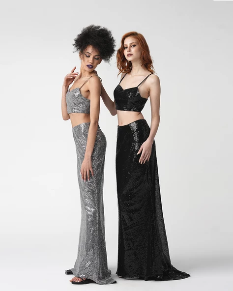 Kadın Gümüş Balık Model Kuyruklu Uzun Payet Etek - Resim 6