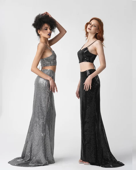 Kadın Gümüş Balık Model Kuyruklu Uzun Payet Etek - Resim 7