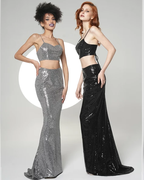 Kadın Gümüş Balık Model Kuyruklu Uzun Payet Etek - Resim 4