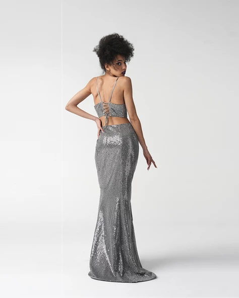 Kadın Gümüş Balık Model Kuyruklu Uzun Payet Etek - Resim 2