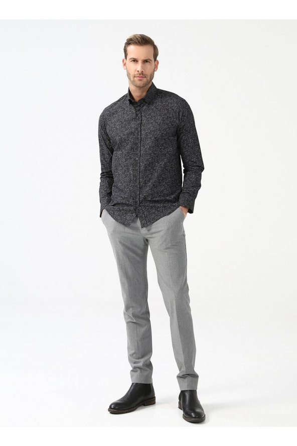 Düğmeli Yaka Baskılı Siyah Erkek Gömlek Gm2025500408 - Resim 2