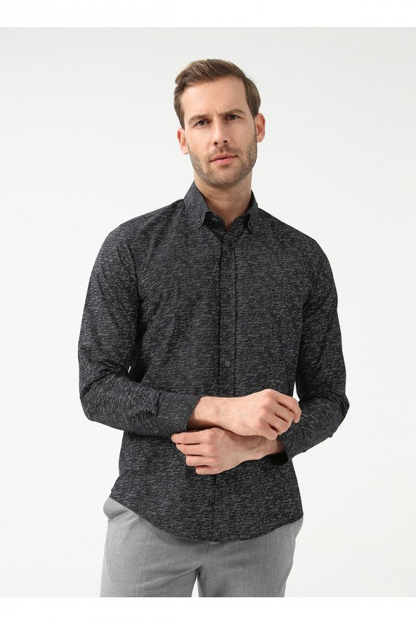 Düğmeli Yaka Baskılı Siyah Erkek Gömlek Gm2025500408 - Resim 3