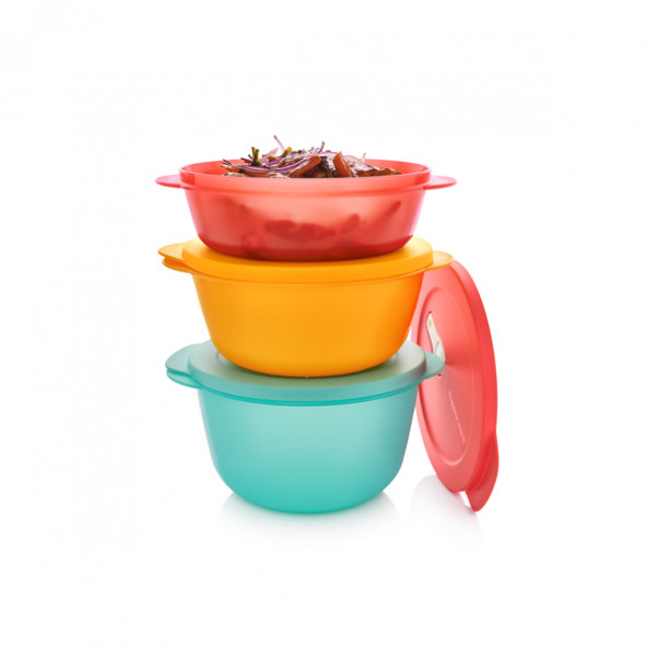 TUPPERWARE Mikro Oval Kap 3lü Set (1L,1.5L,2L) Mavi-Turuncu-Kırmızı