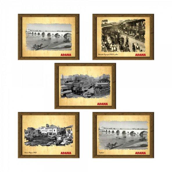 Eski Adana 13,5x18 cm Çerçeve Görünümlü 5li Ahşap Tablo Seti, Siyah Beyaz Tablo