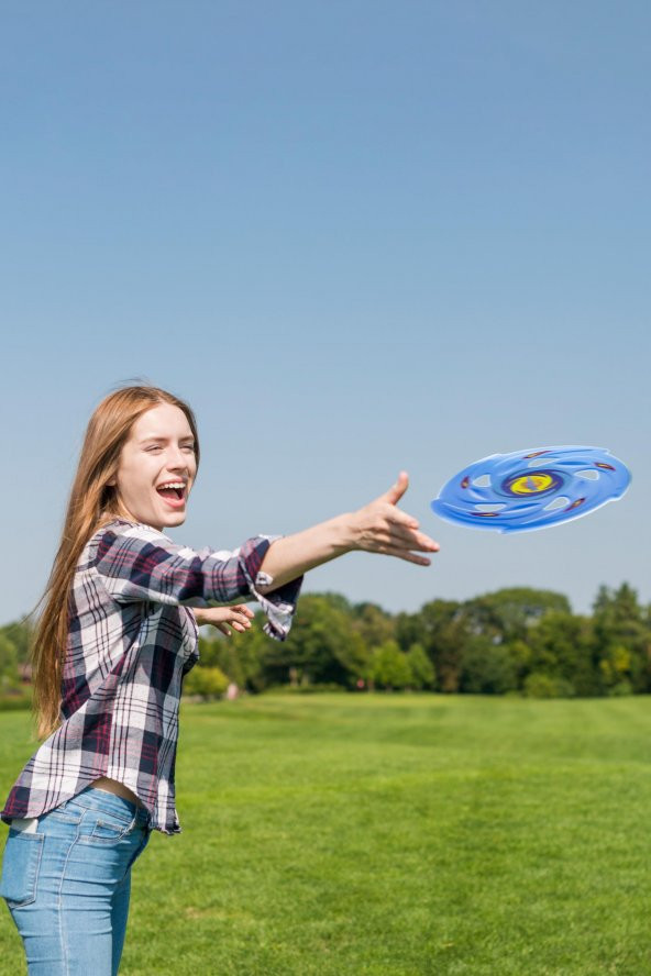 Frisbee Frizbi Fırlatma Diski Disk Atma Oyunu Çocuk Yetişkin Plaj Bahçe Oyuncak 24 cm Mavi - 4
