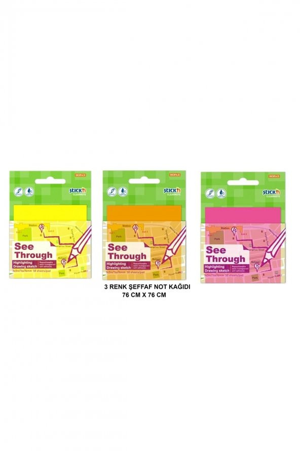Şeffaf 76x76mm Yapışkanlı Aydınger Not Kağıdı - 3 Renk