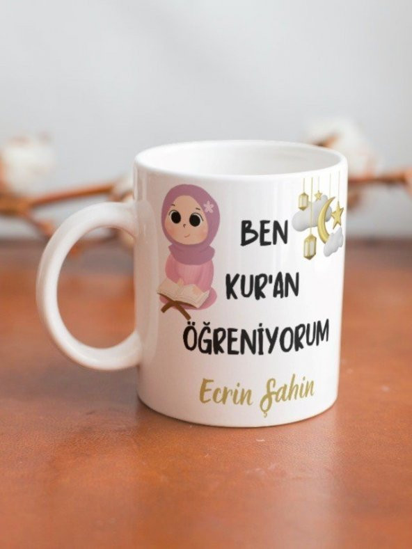 Ben Kuran Öğreniyorum Yazılı Özel Tasarım Kişiye Özel Baskılı Kupa Bardak-Kız Çocuğu