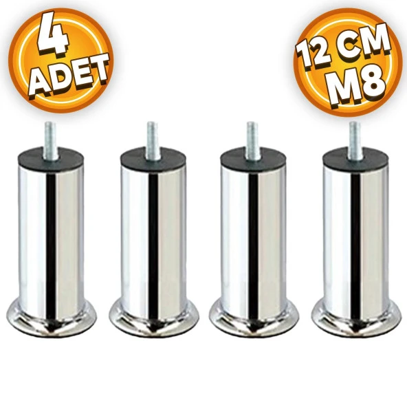 Mobilya Kanepe Baza Koltuk Ünite Destek Ayağı M8 Civata 12 cm Krom Metal Yükseltici İnce Diş Ayak (4 ADET)