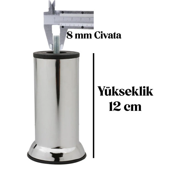 Mobilya Kanepe Baza Koltuk Ünite Destek Ayağı M8 Civata 12 cm Krom Metal Yükseltici İnce Diş Ayak (8 ADET) - 2