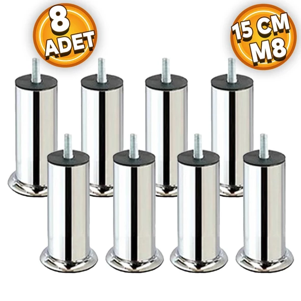Mobilya Kanepe Baza Koltuk Yatak Çekyat Yükseltme Ayağı Ince Diş M8 Krom Metal Ayakları 15 Cm 8 Adet