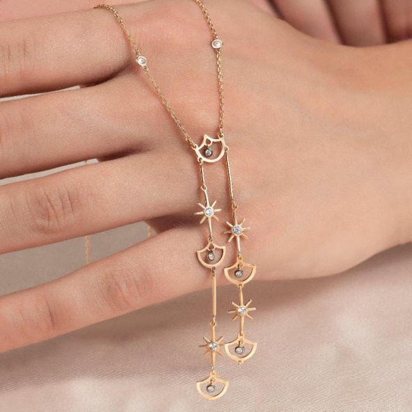 Taşlı Pırpır Üç Sıra Altın Kolye - Resim 4