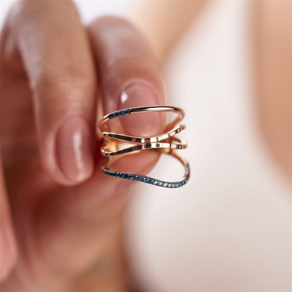 Piano Jewellery Cabaret Line Mavi Pırlanta Yüzük 14 Ayar - 4