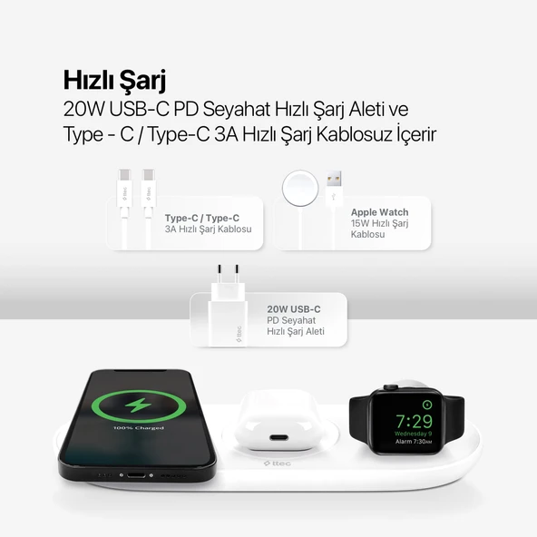 ttec SmartCharger Air+ iPhone+Apple Watch+AirPods Kablosuz Hızlı Şarj Aleti ve PD 20W Seyahat Şarj Aleti - Resim 3