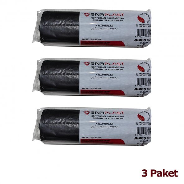GNR Endüstriyel Jumbo Çöp Torbası Poşeti - 2 Kat - Siyah - 400 Gr. - 80x110 Cm. - 10 Adetlik 3 Rulo - 2
