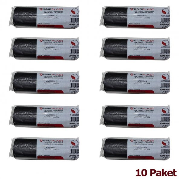 GNR Endüstriyel Jumbo Çöp Torbası Poşeti - 2 Kat - Siyah - 400 Gr. - 80x110 Cm. -10 Adetlik 10 Rulo - 2