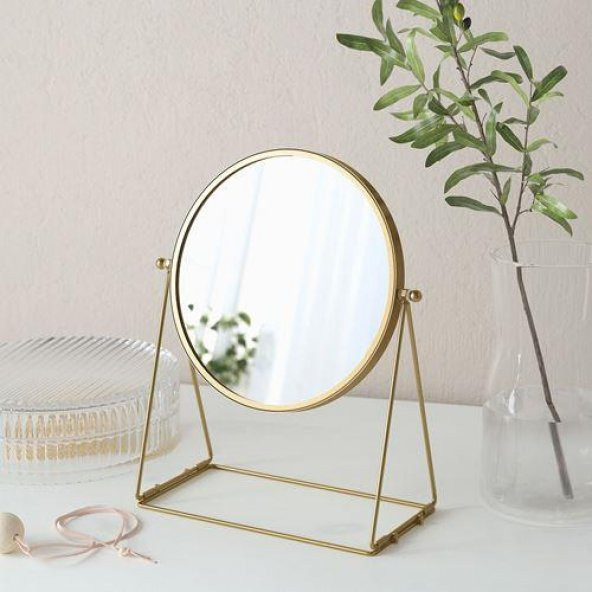 Gold Renk Masa-Makyaj Aynası, MeridyenDukkan Altın Rengi Yuvarlak-17 cm-Büyüteçli Ayna - 3