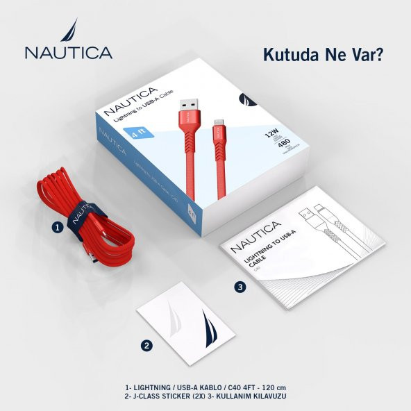 Nautica C40 Lightning to USB-A 12W Hızlı Şarj ve Data Kablosu 1.2M Kırmızı - 6