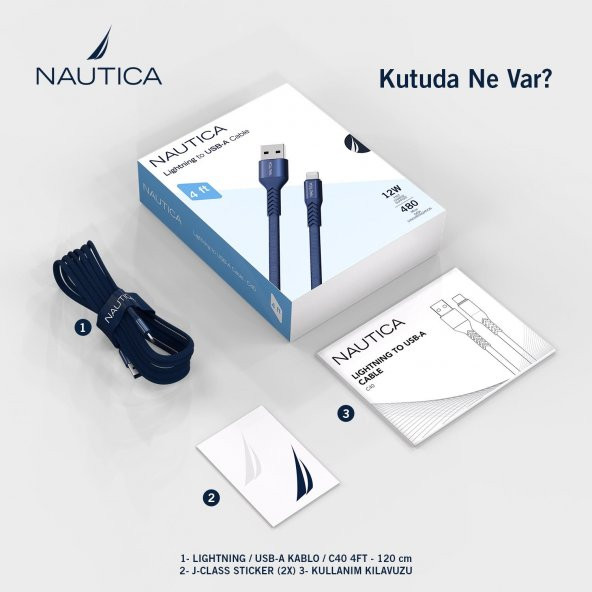Nautica C40 Lightning to USB-A 12W Hızlı Şarj ve Data Kablosu 1.2M Navy - 6
