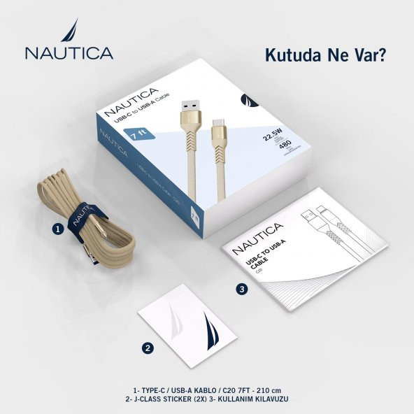 Nautica C20 Type-C to USB-A 22.5W Hızlı Şarj ve Data Kablosu 2.1M Pembe - 6