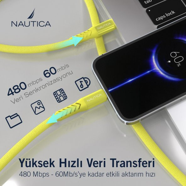 Nautica C50 USB-C to Lightning PD 20W Hızlı Şarj ve Data Kablosu 1.2M Sarı - 3