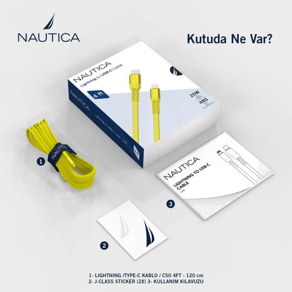 Nautica C50 USB-C to Lightning PD 20W Hızlı Şarj ve Data Kablosu 1.2M Sarı - 7