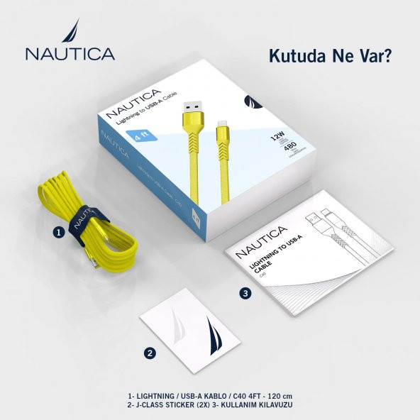Nautica C40 Lightning to USB-A 12W Hızlı Şarj ve Data Kablosu 1.2M Sarı - 6