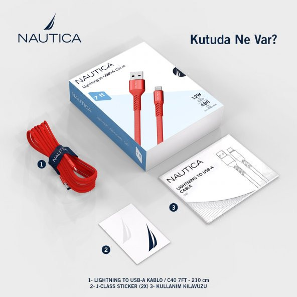 Nautica C40 Lightning to USB-A 12W Hızlı Şarj ve Data Kablosu 2.1M Kırmızı - 6