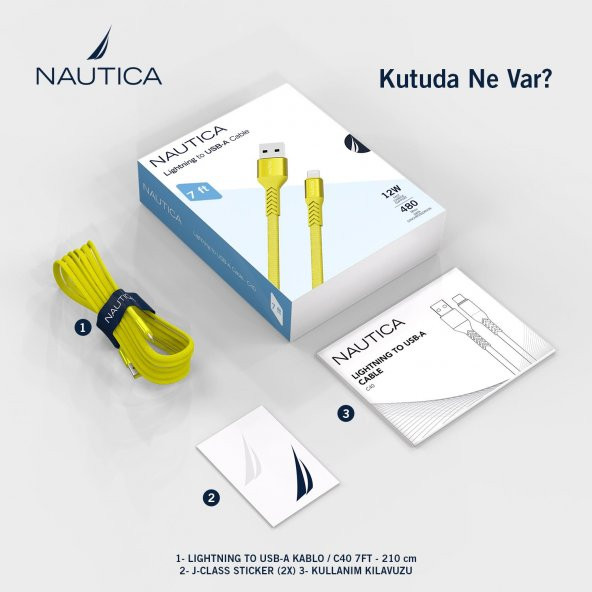 Nautica C40 Lightning to USB-A 12W Hızlı Şarj ve Data Kablosu 2.1M Sarı - 6