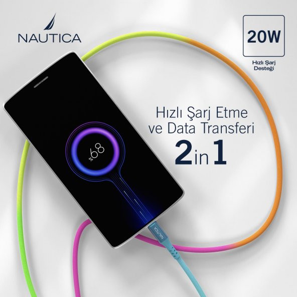 Nautica C58 PD USB-C to Lightning 20W Led Işıklı Şarj ve Data Kablosu 1.2M Çok Renkli - 2