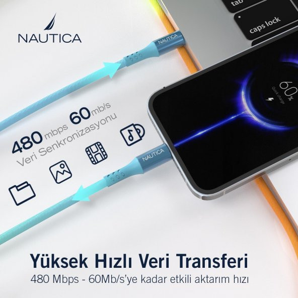 Nautica C58 PD USB-C to Lightning 20W Led Işıklı Şarj ve Data Kablosu 1.2M Çok Renkli - 3