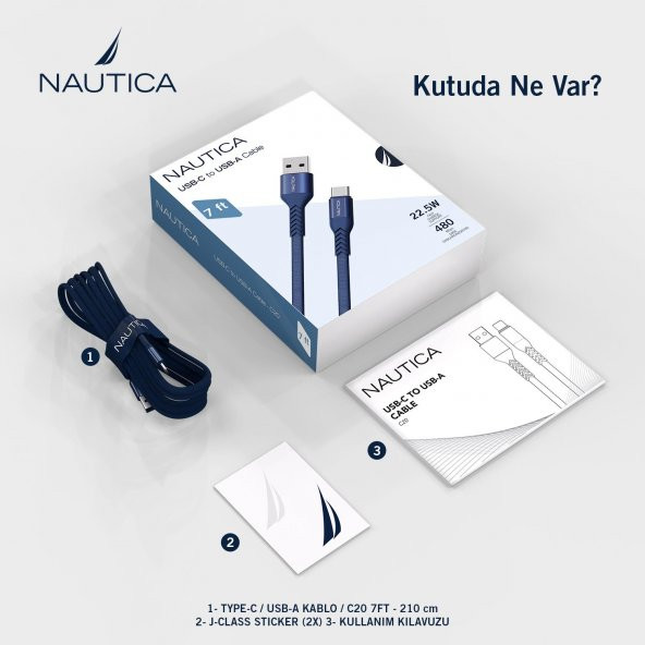 Nautica C20 Type-C to USB-A 22.5W Hızlı Şarj ve Data Kablosu 2.1M Navy - 6