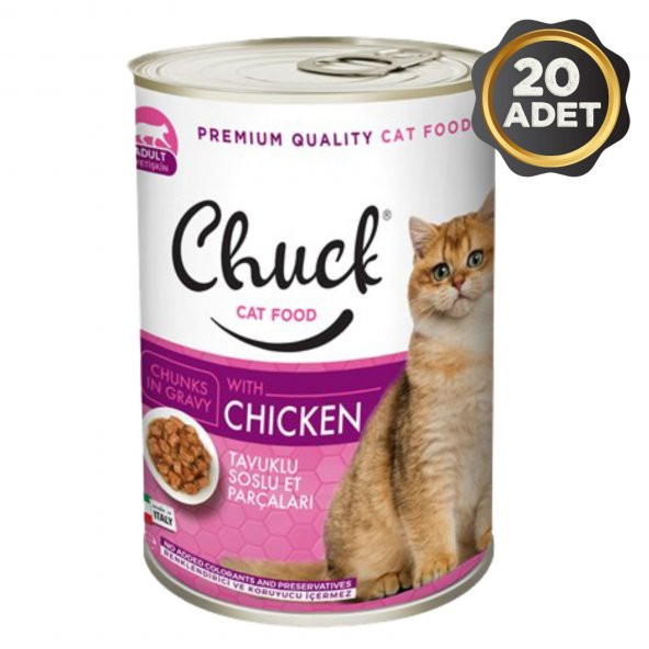 Chuck Tavuklu Soslu Et Parçacıklı Yetişkin Kedi Konserve Yaş Mama 20 x 415 Gr.