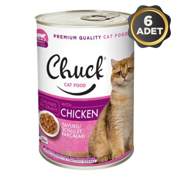 Chuck Tavuklu Soslu Et Parçacıklı Yetişkin Kedi Konserve Yaş Mama 6 x 415 Gr.