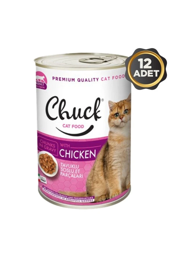 Chuck Tavuklu Soslu Et Parçacıklı Yetişkin Kedi Konserve Yaş Mama 12 x 415 Gr.