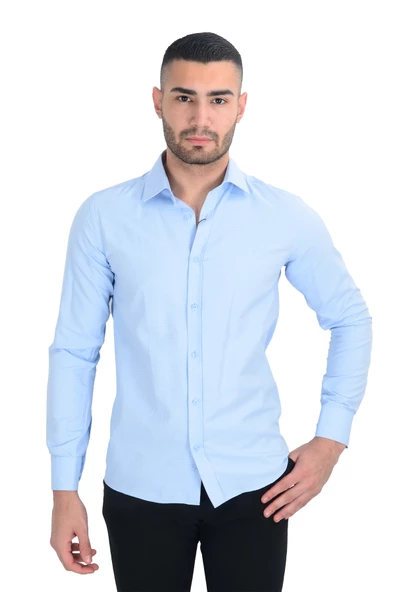 Cengiz İnler Standart Yaka Petek Doku Cepsiz Slim Fit Erkek Gömlek - 11