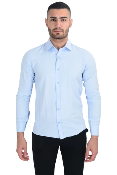 Cengiz İnler Standart Yaka Petek Doku Cepsiz Slim Fit Erkek Gömlek - 4