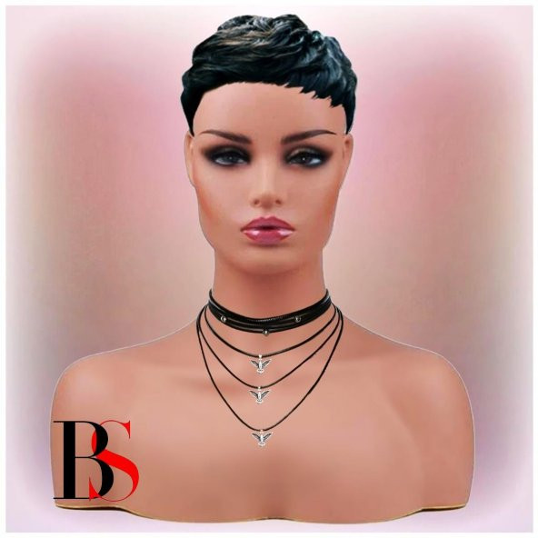 Siyah Renk Çok Sıralı Deri Kadın Albatros Kuşu Choker Kolye - 2