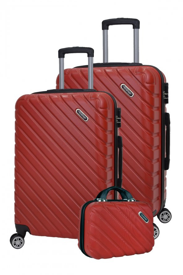3lü Valiz Seti Elatae Pro Abs Valiz Büyük - Orta Boy ve Makyaj Kırmızı 1001