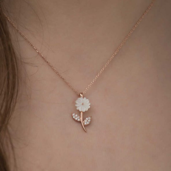 925 Ayar Gümüş Rose Sedef Çiçek Kadın Gümüş Kolye - 3