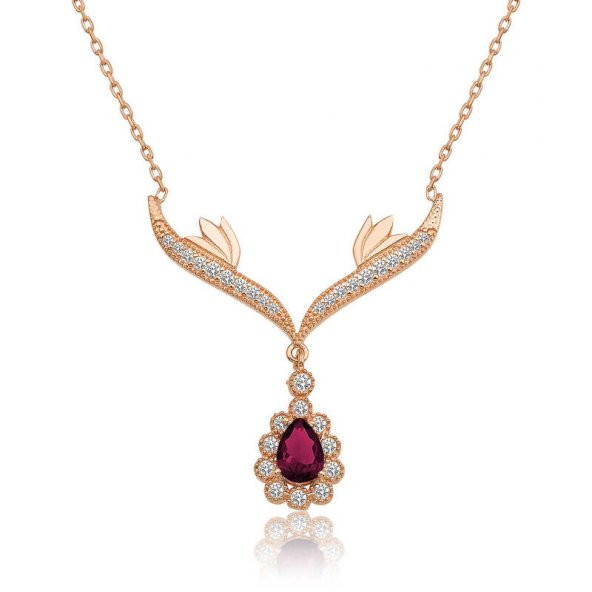 925 Ayar Gümüş Rose Kırmızı Taşlı Madalyon Kadın Gümüş Kolye ürün görseli