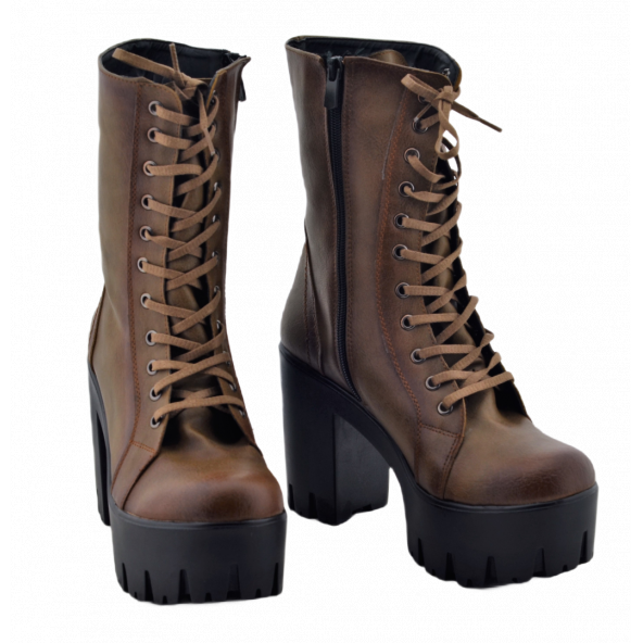 Kahverengi Deri Fermuarlı Bağcıklı Yüksek Topuklu Kadın Bot Mod15 İç Defolu