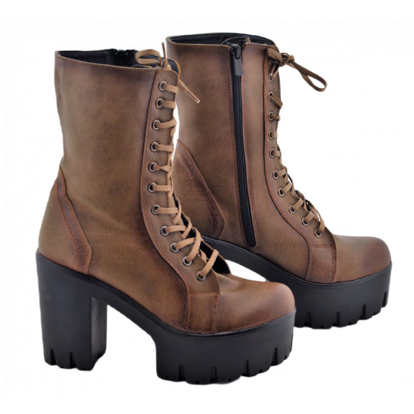 Kahverengi Deri Fermuarlı Bağcıklı Yüksek Topuklu Kadın Bot Mod15 İç Defolu - 2