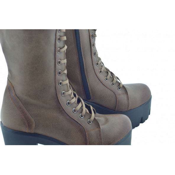 Kahverengi Deri Fermuarlı Bağcıklı Yüksek Topuklu Kadın Bot Mod15 İç Defolu - 4