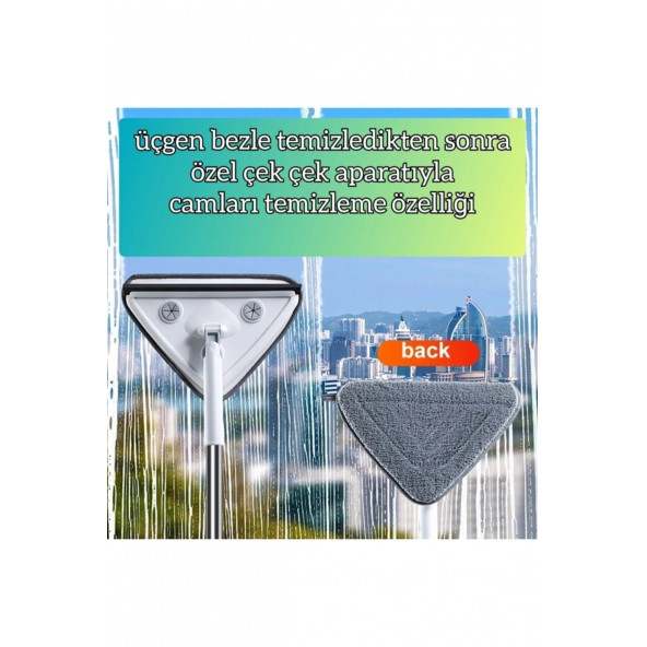 3 Sopalı Toplam 2 Bezli Üçgen Camsil Duvar Yüzey Cam Silme Aparatı Mop - 4