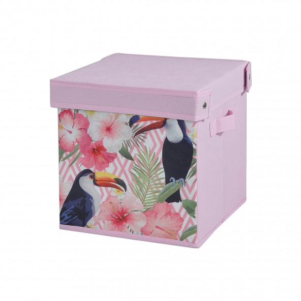FS-6131E SAKLAMA KUTUSU KAPAKLI KUŞ VE BAHAR DESEN KUMAŞ 28X28X28CM