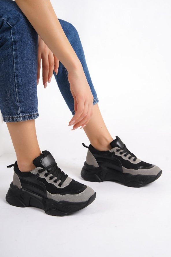 Modabuymus Fashi Gri Detaylı Siyah Fileli Sneaker Günlük Spor Ayakkabı